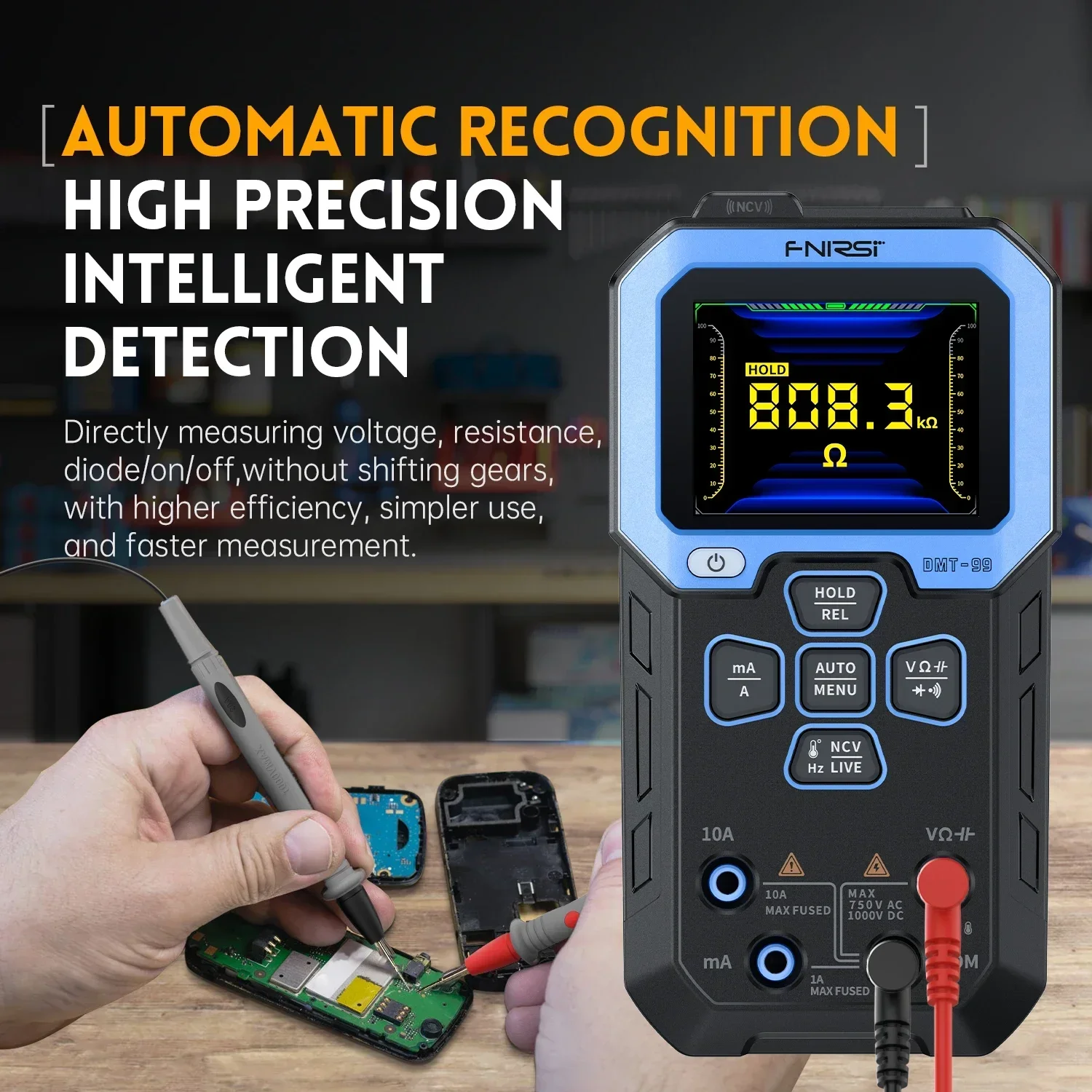 FNIRSI Digital Smart Multimeter 10000 Counts True RMS AC/DC Auto Voltmeter Ammeter Intelligent Anti-burn Diode NVC Tester DMT-99
