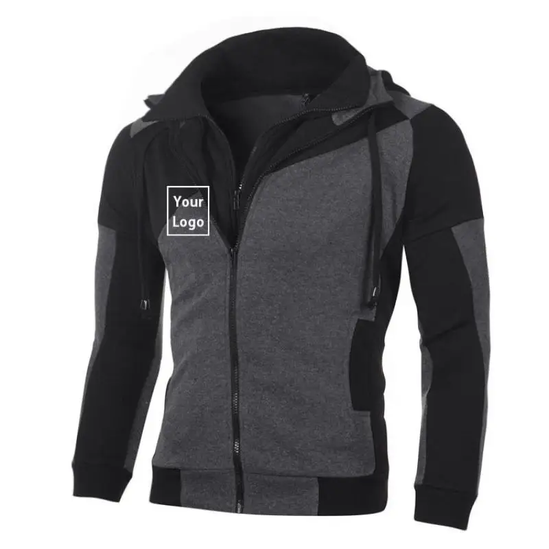 

2023 Autumn and Winter New Fashion Men's Personality Color Blocking Double Layer Zipper Hooded Cardigan Slim Sweater