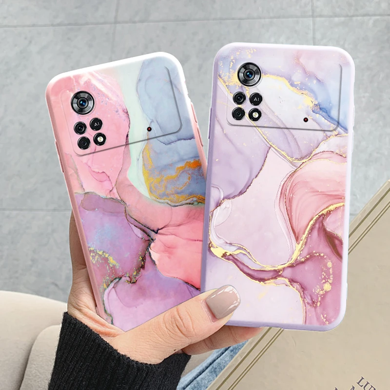 HAOYE Cover Per Xiaomi Poco X4 Pro 5G - Custodia In Silicone Morbido Con Motivo Marmo E Brillantini, Rosa Fiore - 3