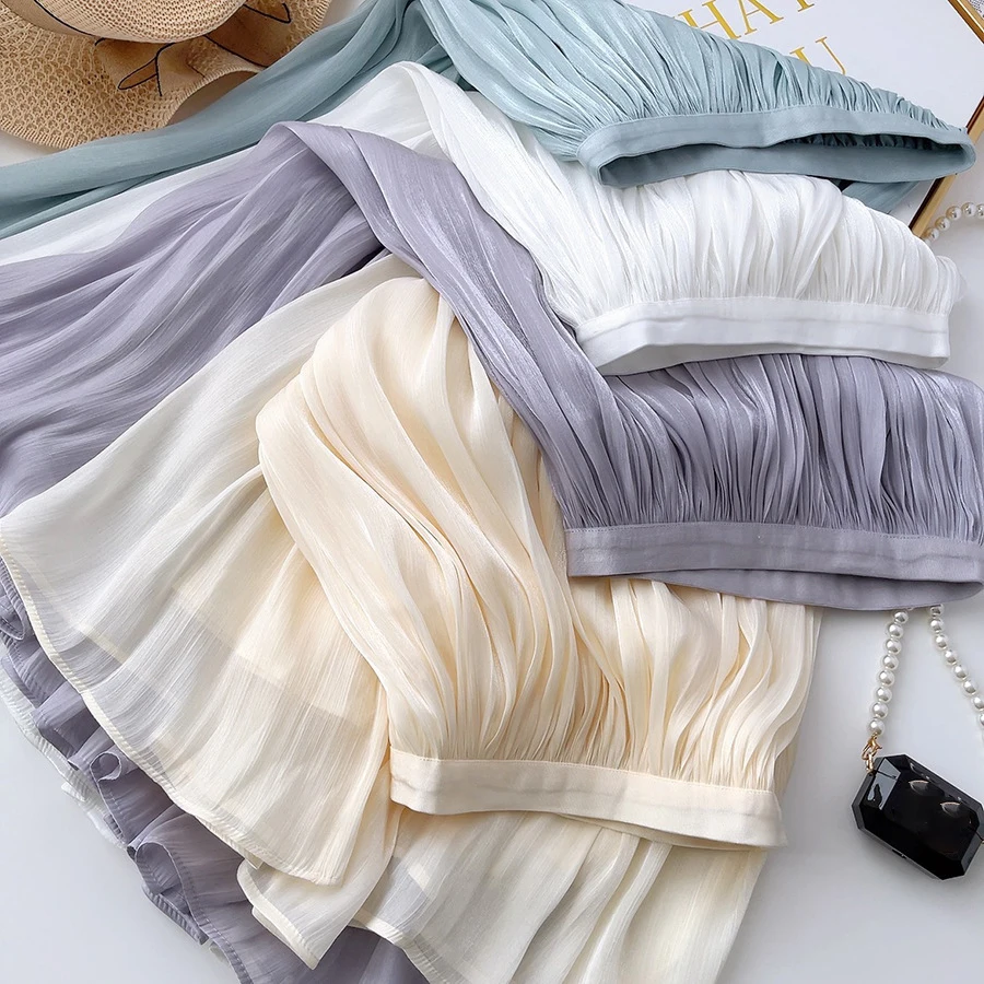 

Silky Women Skirts Temperament Elastic Waist Women Mid Length A-Line Skirt Elegant Summer Solid Organza Skirt
