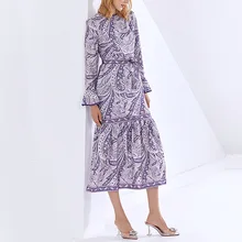 

2022 Autumn New Fashion Quality Elegant Long Skirt Print Round Leader Long-sleeved Line With Rushing Folk Dress
