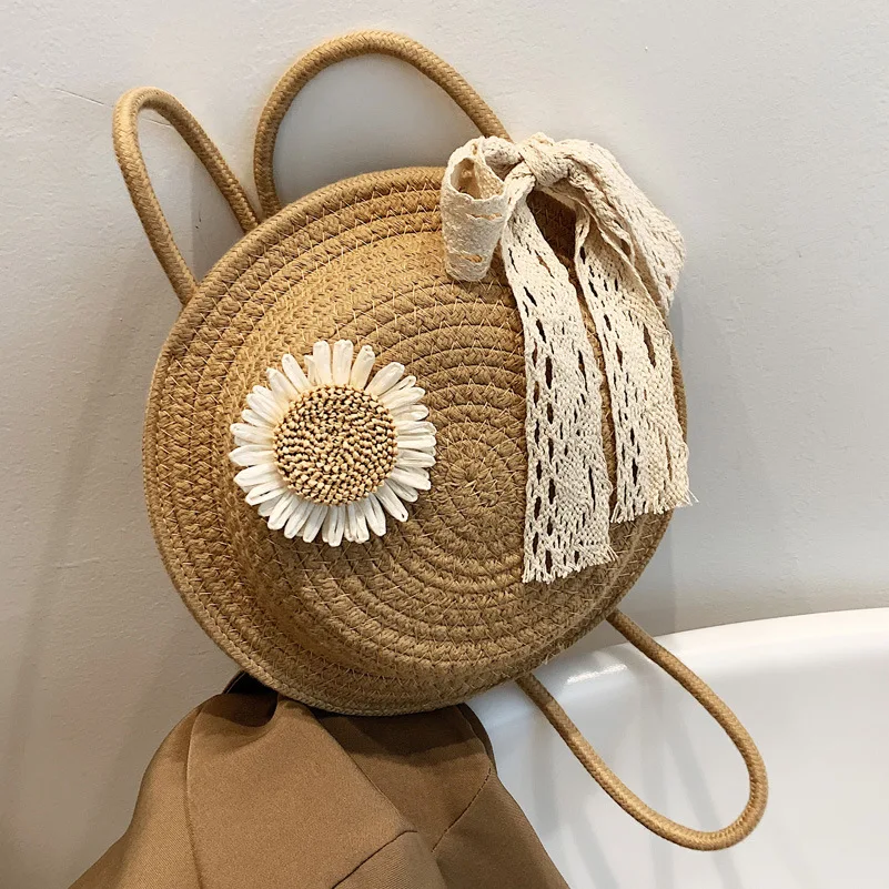 

New Round Straw Beach Bag Vintage Handmade Woven Shoulder Bag Raffia Circle Rattan Bags Bohemian Summer Vacation Casual Bags
