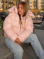 Casual Puffy Hooded Cotton Coats For Women Stand Collar Zipper Long Sleeve Warm Coat 2025 Autumn Lady Street Chic Down Jacket 6