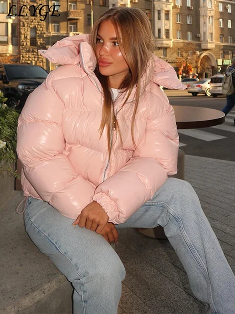 Casual Puffy Hooded Cotton Coats For Women Stand Collar Zipper Long Sleeve Warm Coat 2025 Autumn Lady Street Chic Down Jacket 6