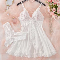 Ensemble de Lingerie Sexy pour femmes, soutien-gorge érotique, chemise de nuit, vêtements de nuit en dentelle, couleur unie, Slim, robes douces, col en V, Slip complet, vêtements de nuit et robes 5