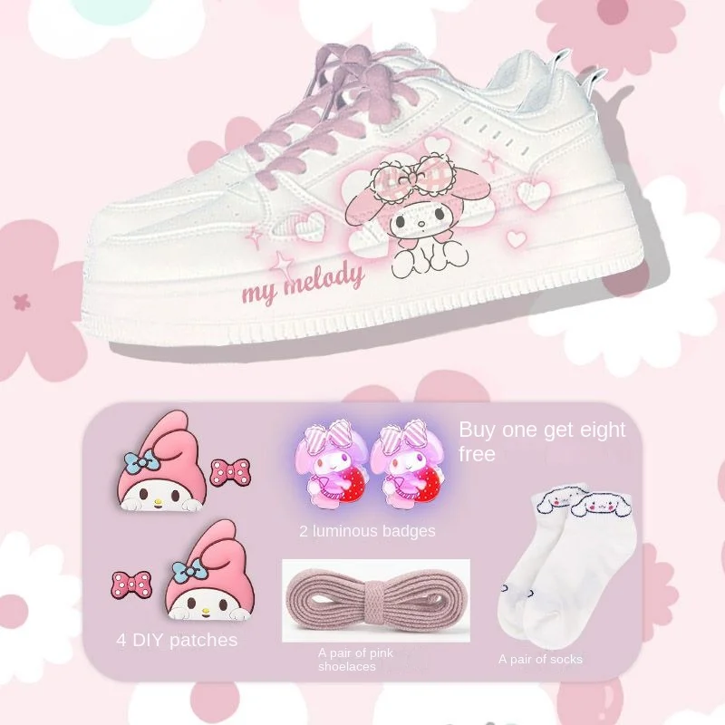 

Autumn Cinnamoroll Anime Kawaii My Melody Sanrio White Board Shoes Cute Cartoon Patch Socks Kuromi Sweet Sneakers Girls Toys