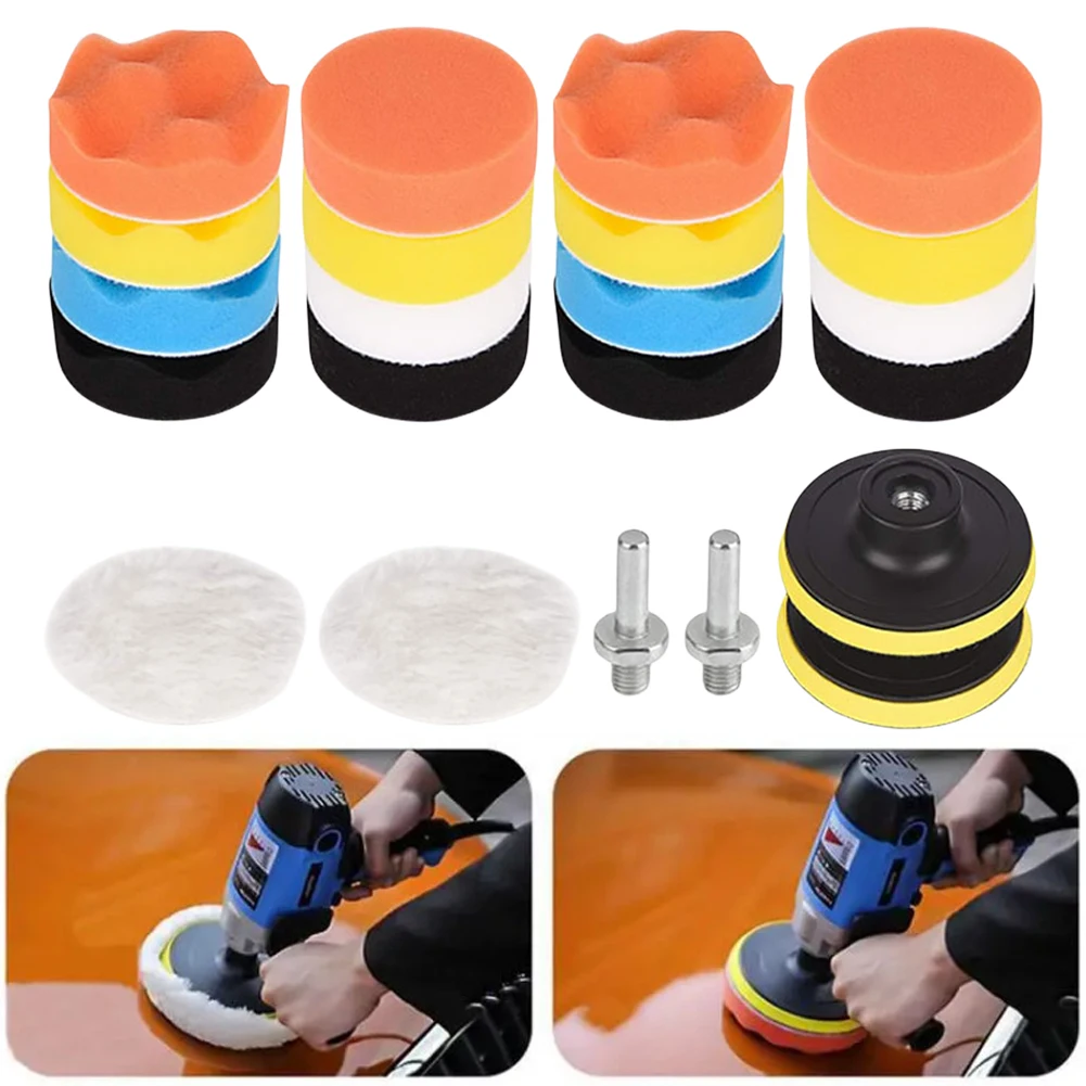 22Pcs 3 Inch Foam Pad Buffer Kit Washable Car Polisher Pads Kit Buffing Waxing Clean Polish for Auto Motorcycle Remove Scratches
