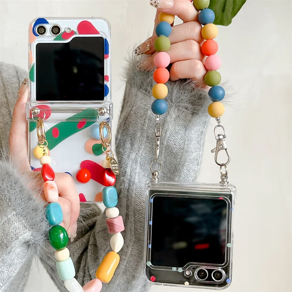 Cute Colorful Round Bead Wrist Strap Case with Transparent Hinge Protection Cover