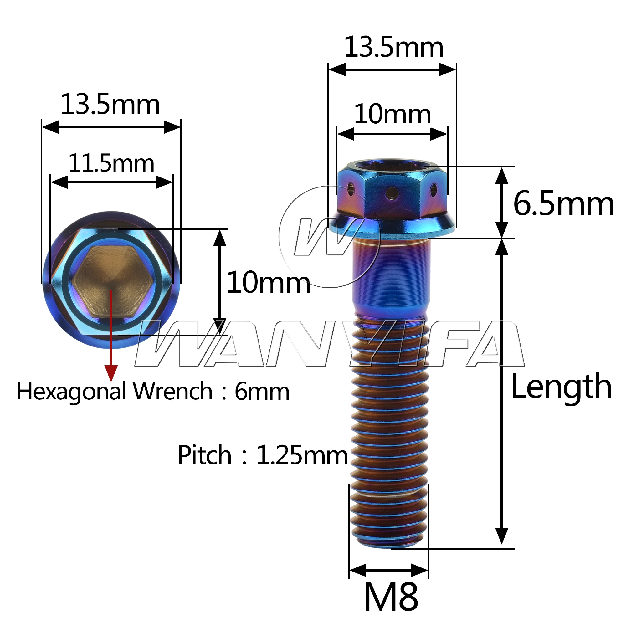 Titanium Bolts Wanyifa M6 M8x10 15 20 25 30 35 40 45 50 55 60 75mm Flange Inner Hexagon Head for Motorcycle Brake Calipers