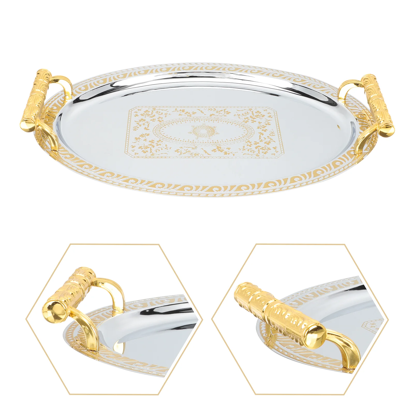 

Washable Convenient Handle Design Decorative Stainless Steel Snacks Tray Household Fruits Tray for Hotel Restaurant Banquet Home