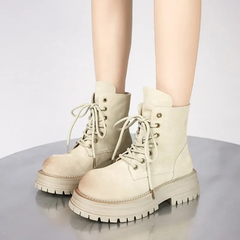 Autumn Winter Retro Fashion Platform Women's Boots Designer Luxury Leather Shoes Female Casual Solid Color Motorcycle Boots