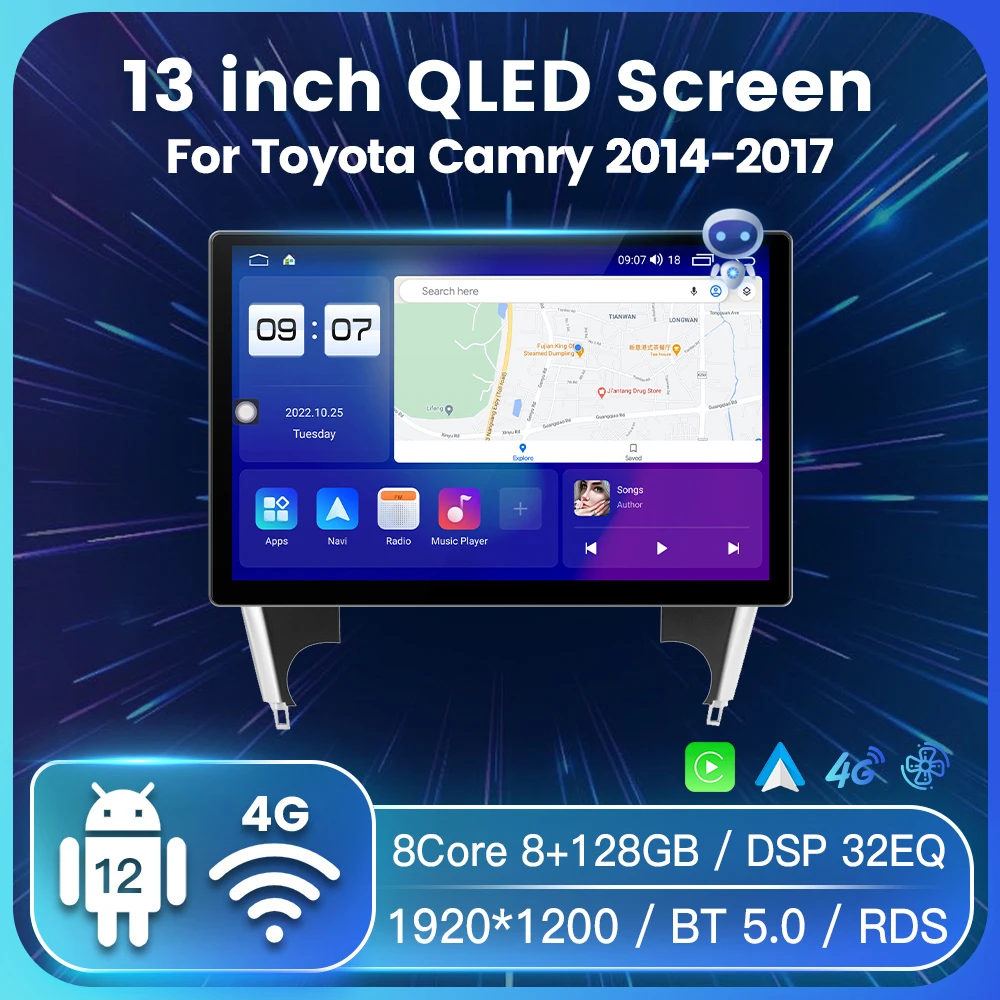 

Автомобильный мультимедийный плеер с большим экраном 13 дюймов для Toyota Camry 7 XV 50 55 2014 2015 2016 2017, GPS-навигация, двойной Din, Carplay, Wi-Fi
