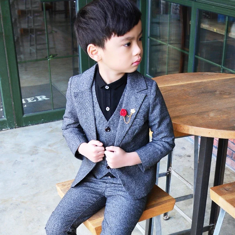 3 PCS Boys Wedding Clothes Blazer Vest Pants Children's Formal Suits Dress Kids Party Clohing Sets Blue Teenage Boy Costumes