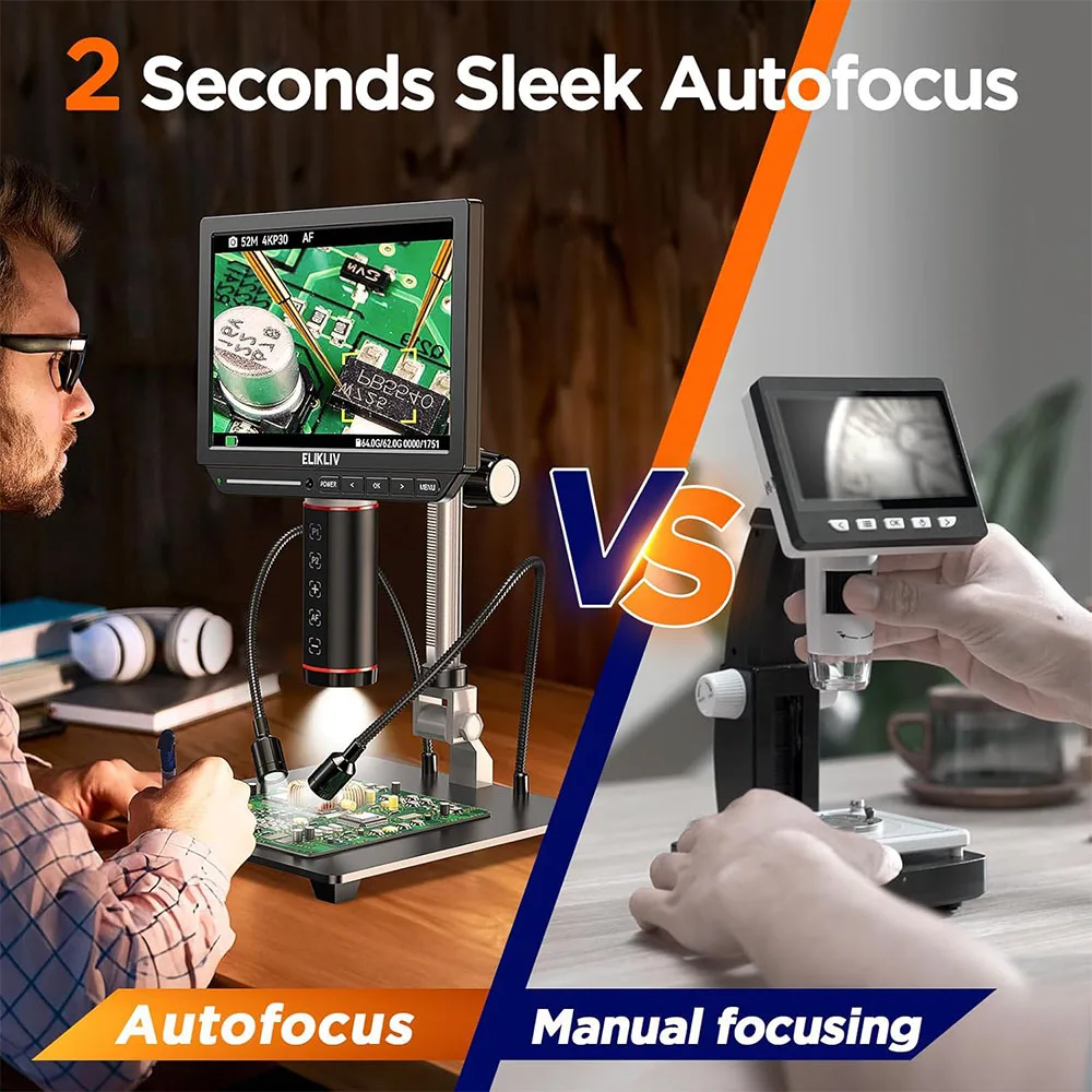 Soldering Microscope Elikliv EM4K-AF Autofocus 4K Digital Microscope 2000x HDMI Soldering Microscope for Electronic Repair 8" Coin Amplifier 10"Stand