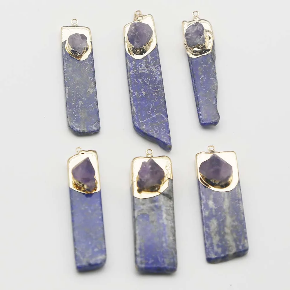Natural Lapis Lazis Long Inset Irregular Amethyst Necklace Pendant Sweater Chain Jewelry Accessories Wholesale 8PcsFree Shipping