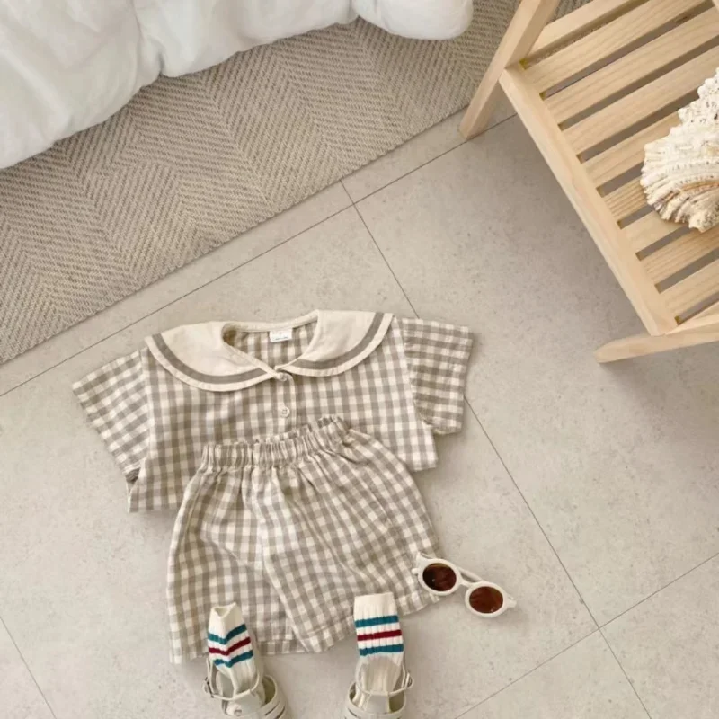 New Summer Baby Navy Collar Plaid Clothes Set Children Short Sleeve Tops + Shorts 2pcs Suit For Boys Girls Infant Outfits kids clothes set,two piece set,baby girl clothing set,shorts suit