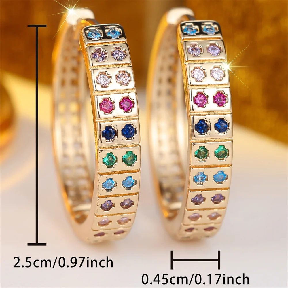 Double Row Rainbow Zircon Small Round Stone Hoop Earrings For Women Vintage Gold Color Ear Buckle Wedding Jewelry Valentine Gift