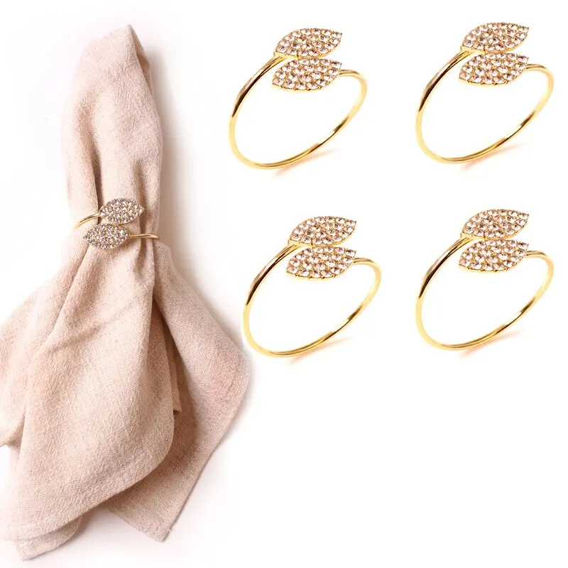 Christmas Napkin Holder 4 Pcs Gold Napkin Ring Leaf Rhinestone Napkin Buckles Holder For Wedding Christmas Party Dinner Table Decoration