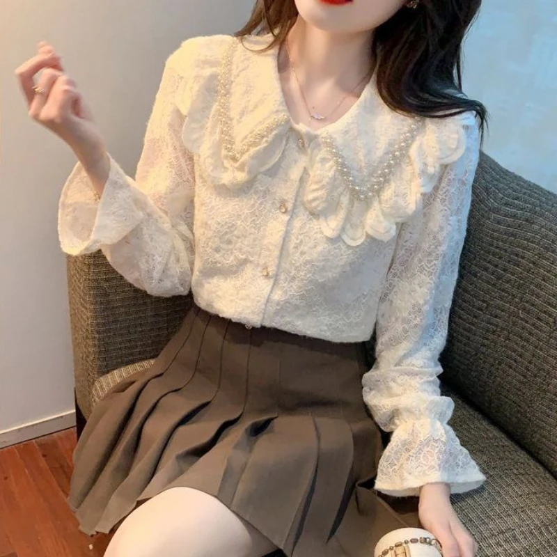 

Female Elegant Temperament Shirt Ladies Fashion Women Clothing Peter Pan Collar Lace Long Sleeve V-Neck Office Blouse G152