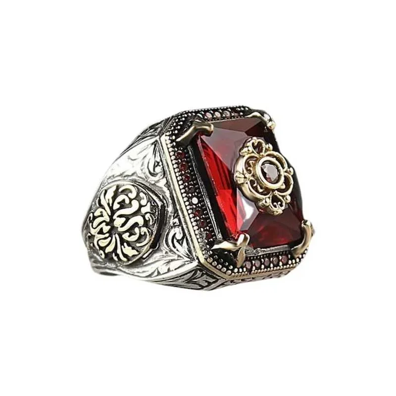 Retro Handmade Turkish Signet Ring for Men Women Ancient Silver Color Carved Eagle Ring Inlaid Red Zircon Punk Motor Biker Ring - Image 4