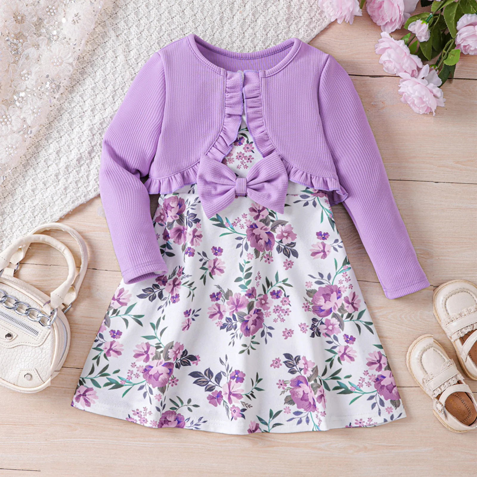 Kids Toddlers Girls Spring Dress Sleeveless Floral Print Sundress with Long Sleeve Ruffle Cardigan Coat Birthday Party Outfits - Image 4