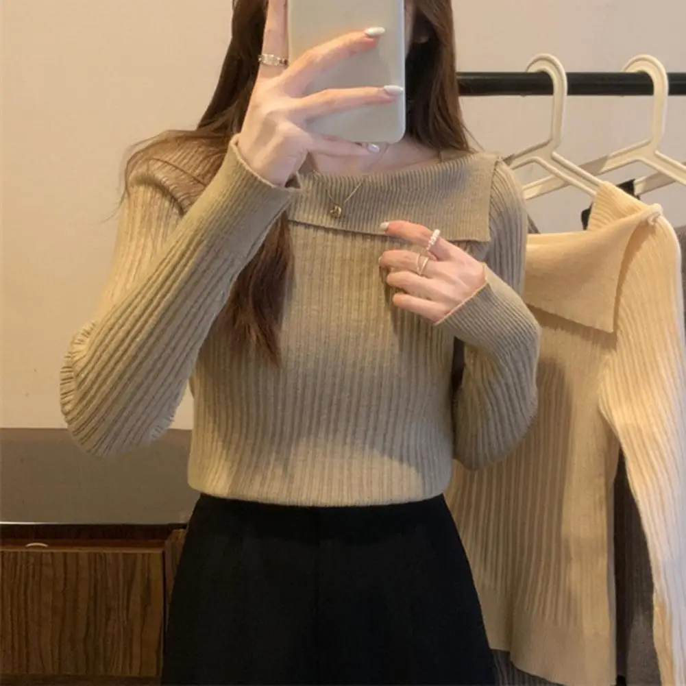 

Women Long Sleeve Top Stylish Irregular Boat Neck Knitted Sweater for Women Soft Warm Pullover Blouse with Long Sleeves Slim Fit