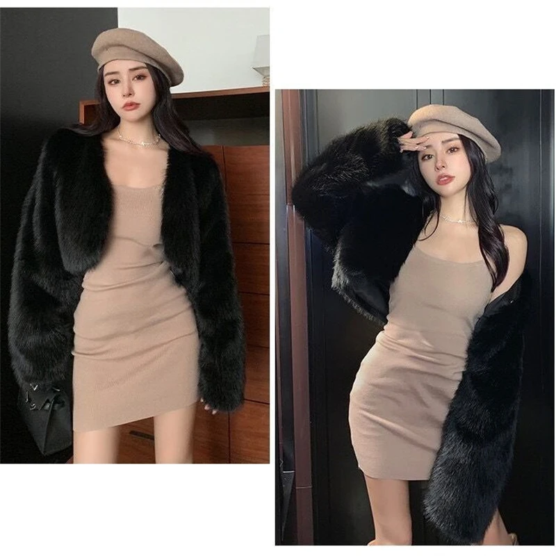 High-Quality Winter Oversized Faux Fur Overcoat Women Casual Soft Thick Warm Plush V-Neck Coat Korean Fashion Clothing Jackets