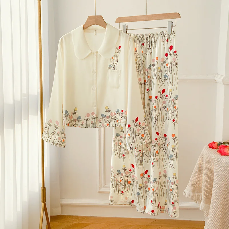 

Пижамный комплект Женский атласный с длинным рукавом, Повседневная Домашняя одежда, интимное нижнее белье, модная одежда для сна с кукольным воротником