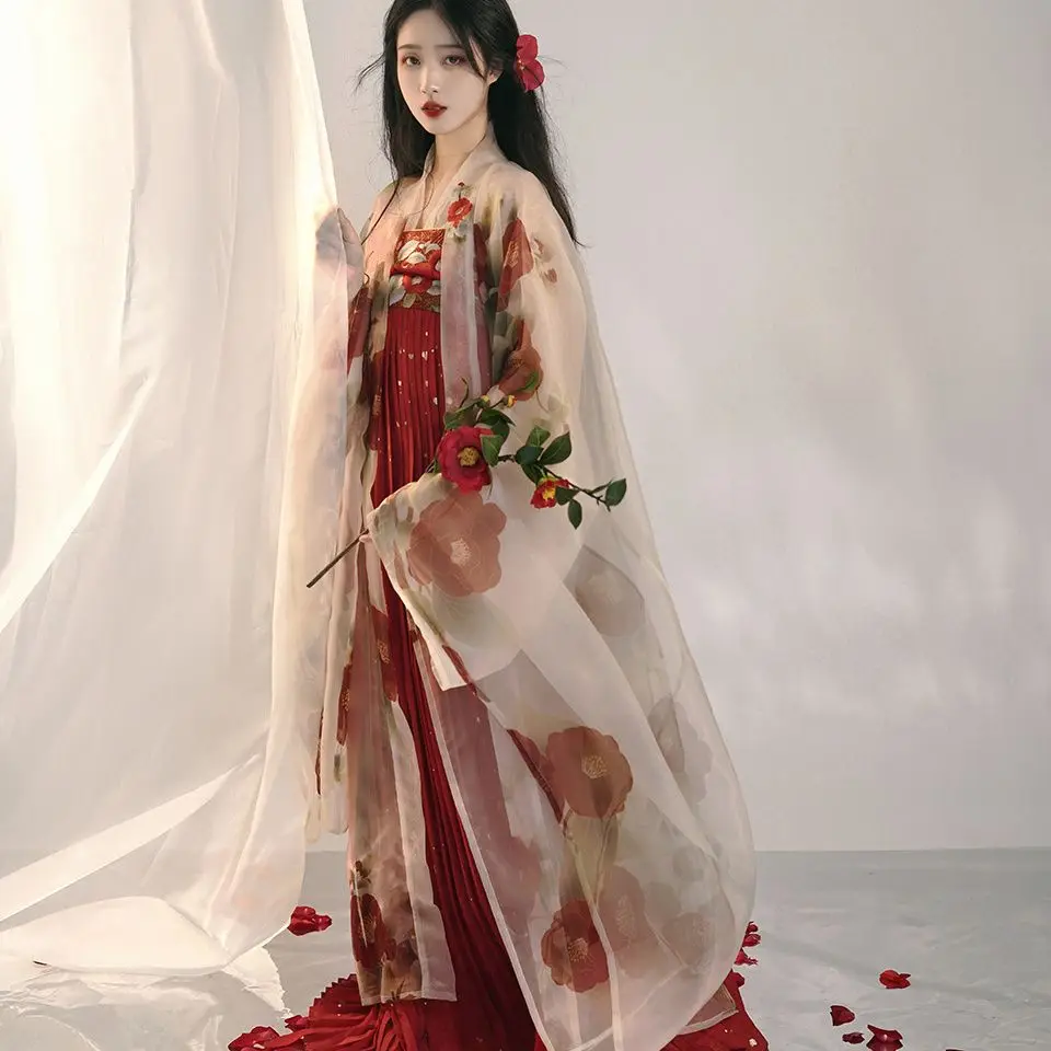 

Chinese Hanfu Dress Ancient Women Camellia palace embroidered print big sleeve dress Costume Hanfu Full Set