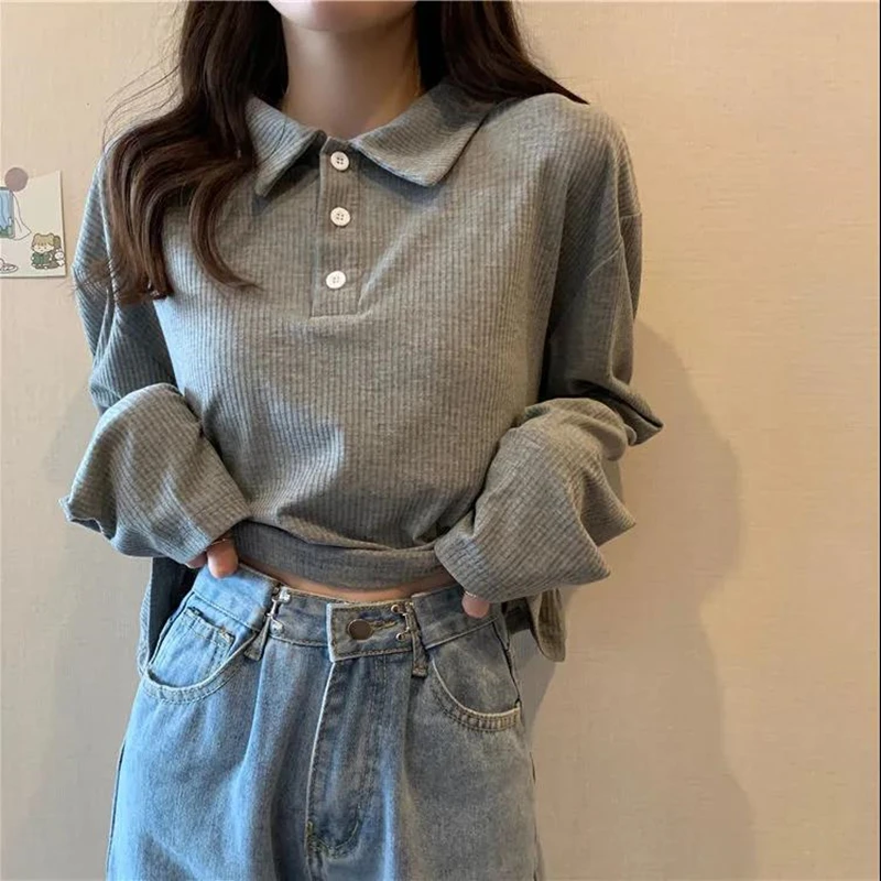 

Antumn Winter Women Long-Sleeve Lapel Knitted Shirt Knitwear Sweaters New Y2k Crop Tops Elastic Jumpers Indie Fashion Black Grey