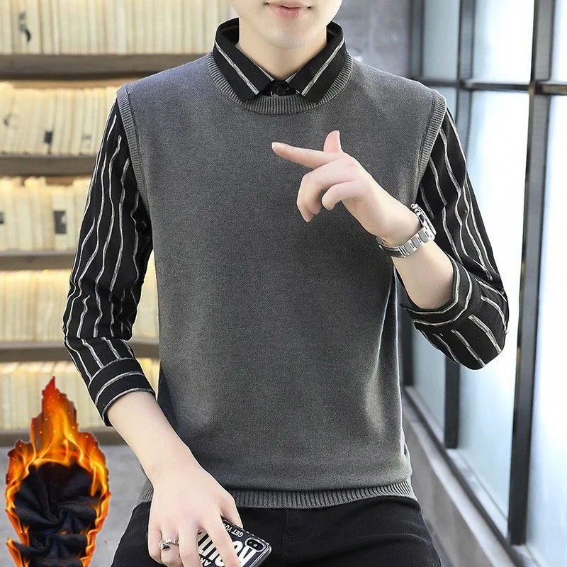 Men's Autumn Winter Pullover Turn-down Collar Button Patchwork Striped Flocking Plaid Long Sleeve Shirt Casual Formal Tops