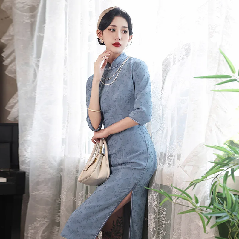 

Yourqipao Summer Blue Cheongsam Improved Catwalk Costume Elegant Retro Travel Photo Qipao Chinese Style Evening Dress for Women