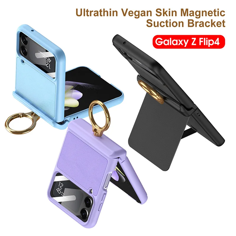 Phone Case with Ring For Samsung Galaxy Z Flip 4 Solid Color Hard PC Cover for Samsung Z Flip4 Protective Bumper Shell Anti-fall