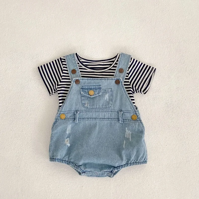 

INS Summer Denim Baby Romper 0-3Years Fashion Newborn Boy Girl Pocket Cotton Bodysuit Jeans Striped T-shirt 2PCS Separate Suit