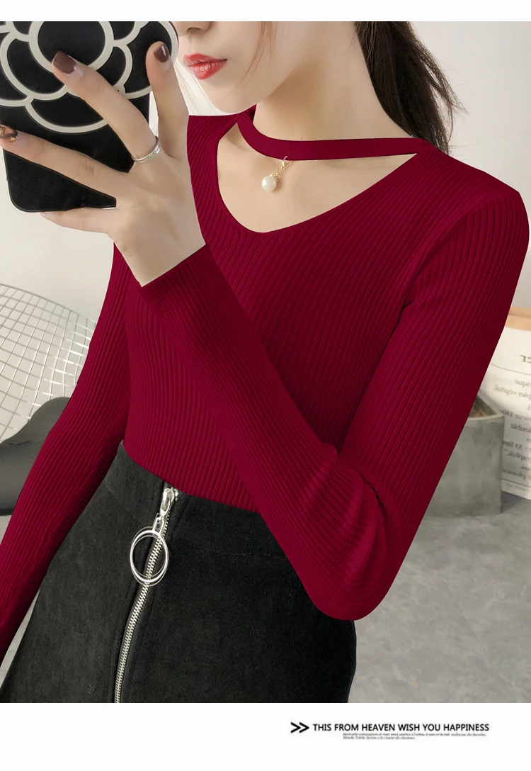AOSSVIAO V Neck Sweaters Women 2022 Autumn Winter Long Sleeve Sexy Slim Tops Solid Streetwear Knitted Korean Pullover Burgundy pullover sweater