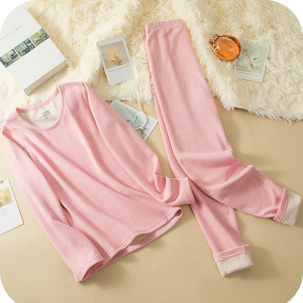 Thermal Underwear Set Women Wool And Silk Double Layer Thickened Fleece Brushed Thermal Shirt Mens Leggings Sexy Pants
