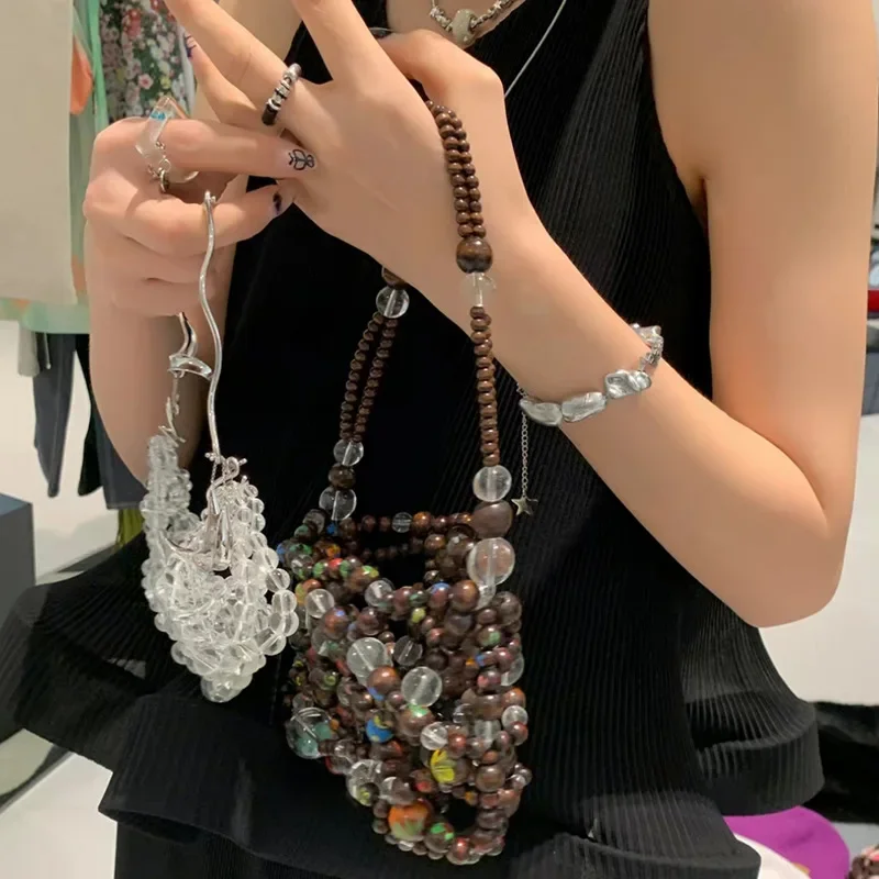 

Retro High Grade Crystal Chain Crossbody Bags Personalized Hollow Out Handheld Women's Bag Fashion Ins Handmade Beaded Handbag
