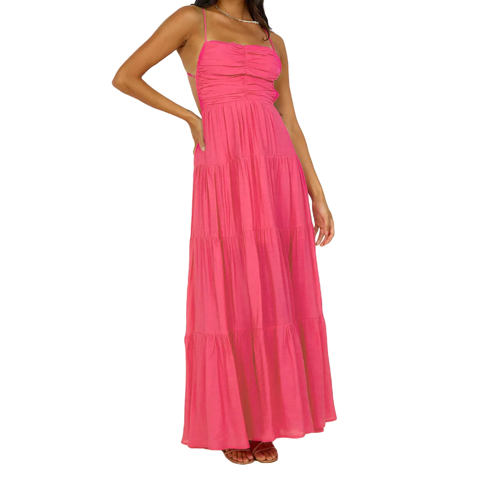 

Women's Summer Sling Long Dress Solid Color Spaghetti Strap Square-Neck Back Tie-Up Flowy Beach Dress