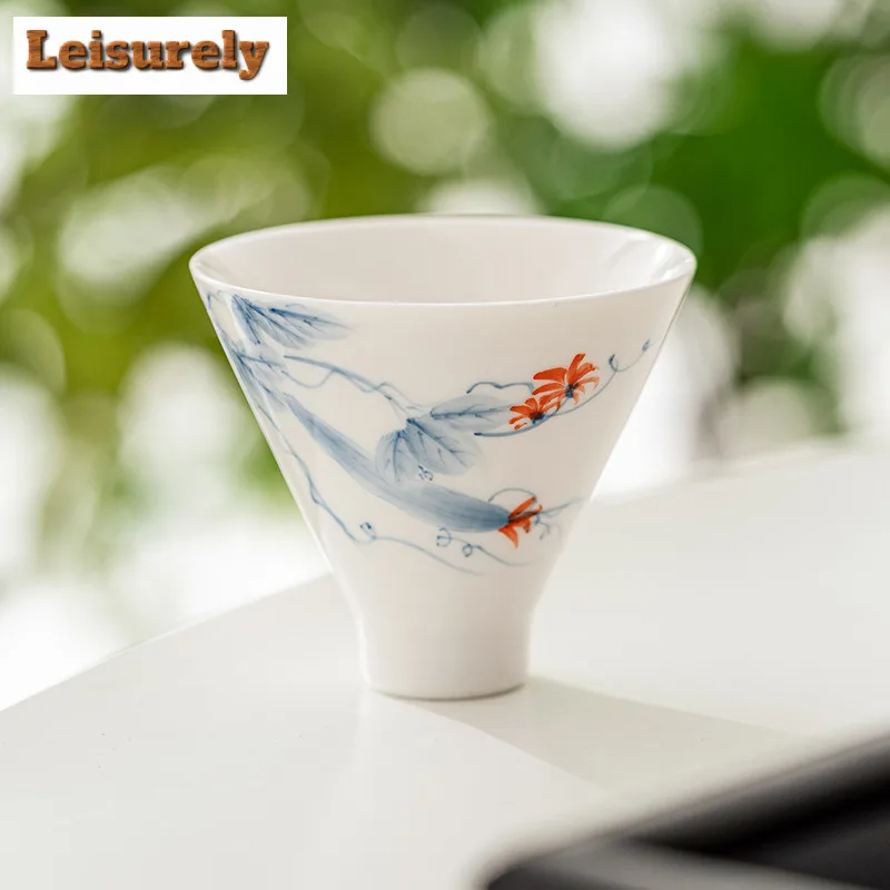 2pc/set Hand-painted Loofah Teacup Dehua White Porcelain Bamboo Hat Cup Master Single Cup Chazhan Kung Fu Teaset Drinking 50ml