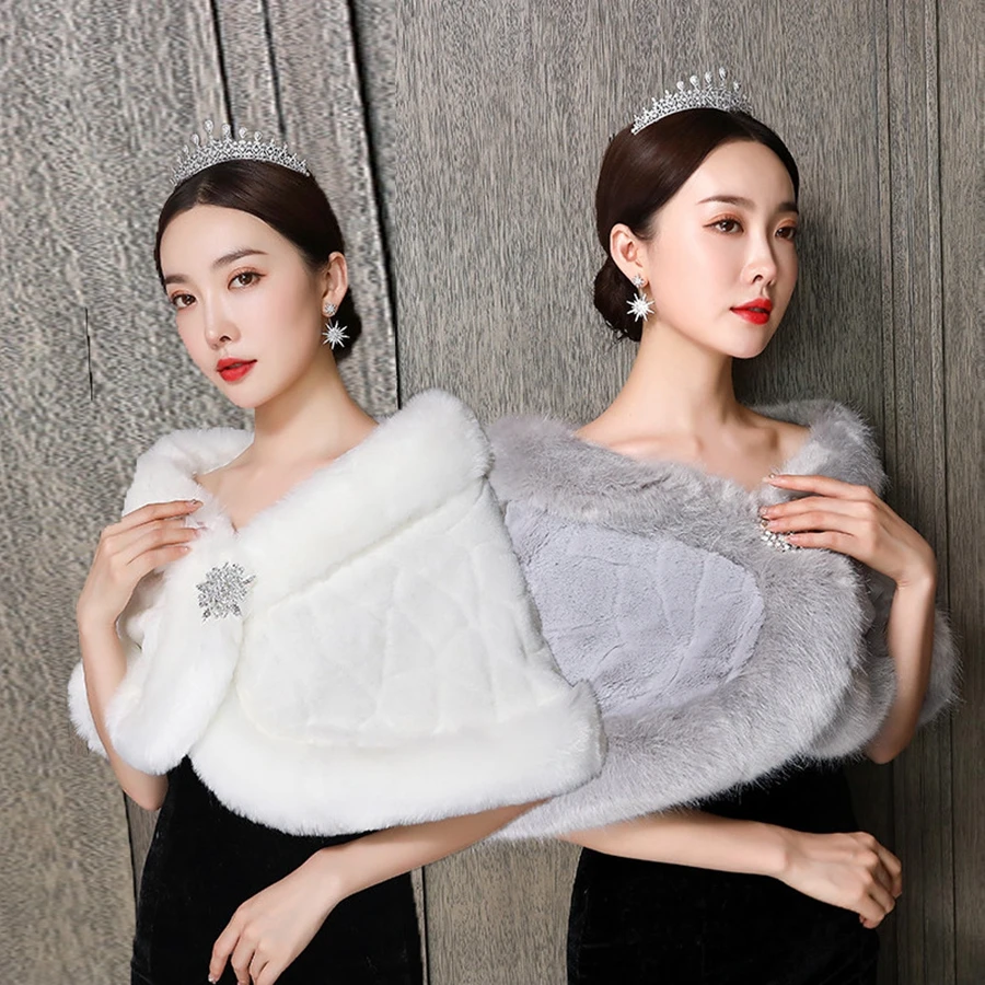 

New Arrival White Gray Bridal fur shawl Faux fur coat Bride bolero mujer fiesta Capa novia boda Cheap wedding cape