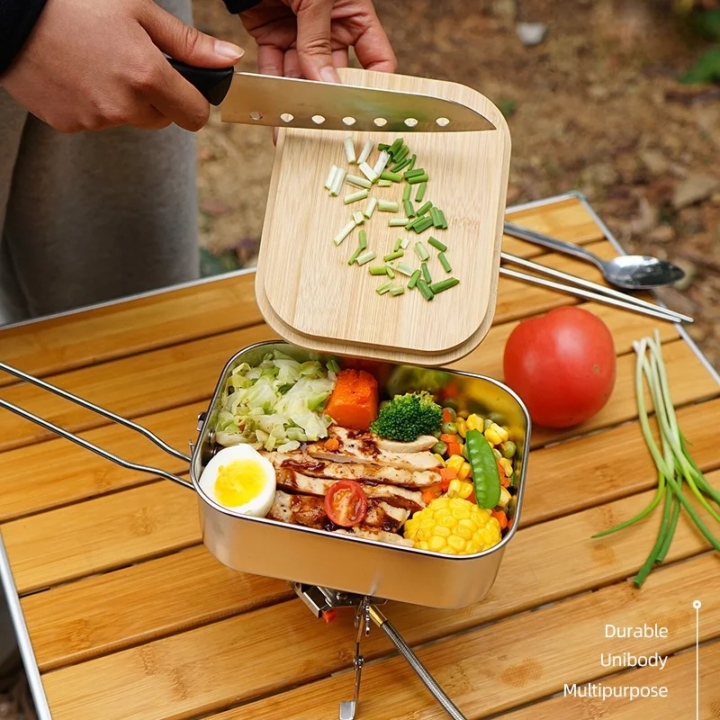 304 Stainless Steel Lunch Box sturdy and durable Outdoor Bamboo Wooden Plate Lid Camping BBQ Soup Pot Portable Picnic Bento Box