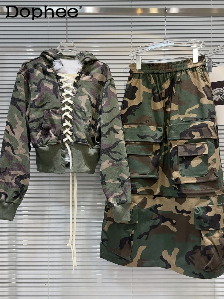 

Two Piece Sets Women Outifits 2024 Spring New Cross Strap Camouflage Hooded Sweatshirts Multiple Pockets Tooling Skirt Suit