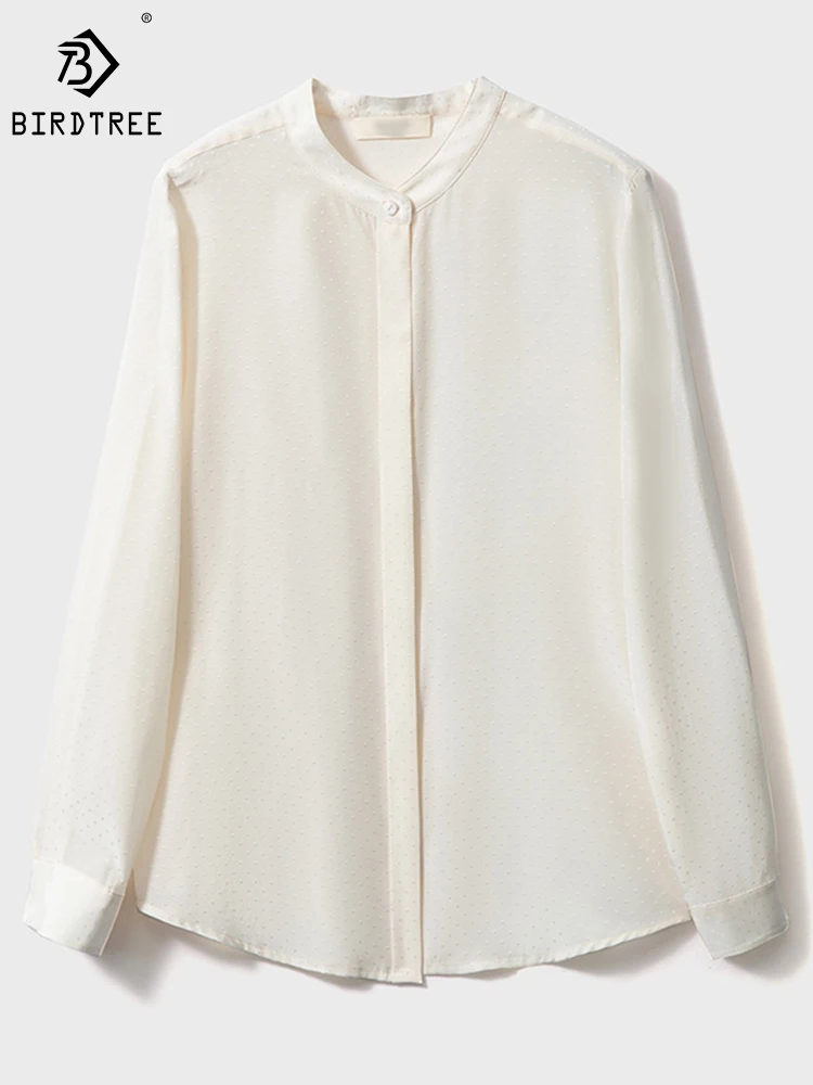 

Birdtree 6A 100%Mulberry Silk Shirt Stand Collar Long Sleeve Temperament Commute Versatile Off-white Jacquard Autumn T39111QD