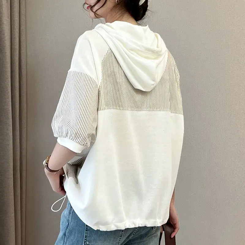 2024 New Summer Casual Minimalist Patchwork Contrasting Stripes Loose and Versatile Slimming Zipper Drawstring Hoodie for Women