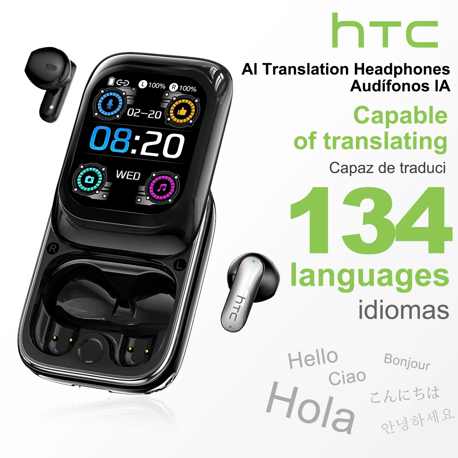 HTC NE48 écouteurs Bluetooth V6.0 AI traducteur écouteurs TWS sport sans fil casque coulissant latéral Ultra HD écran