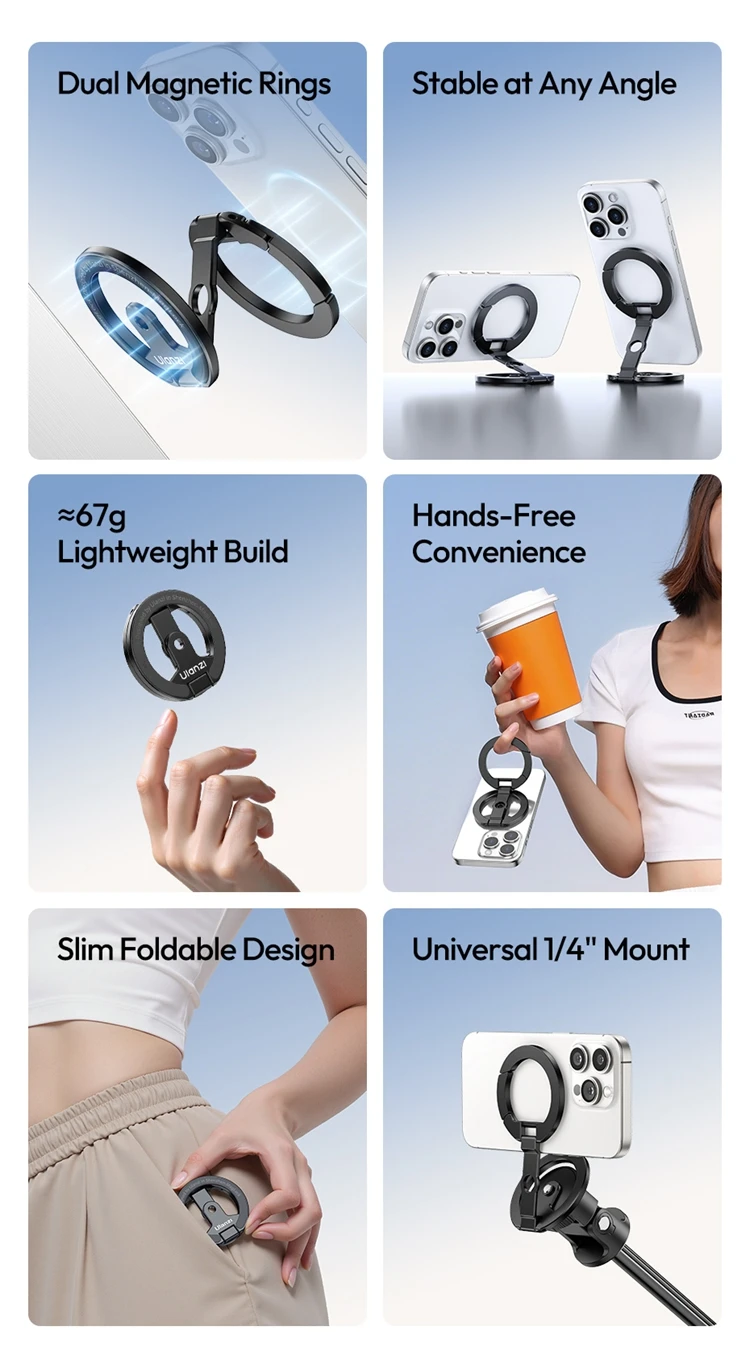 Ulanzi MA02 MagLock Dual Magnetic Phone Stand Foldable Magsafe Phone Holder with 1/4" Screw for Iphone 16 15 Android Phone Vlog