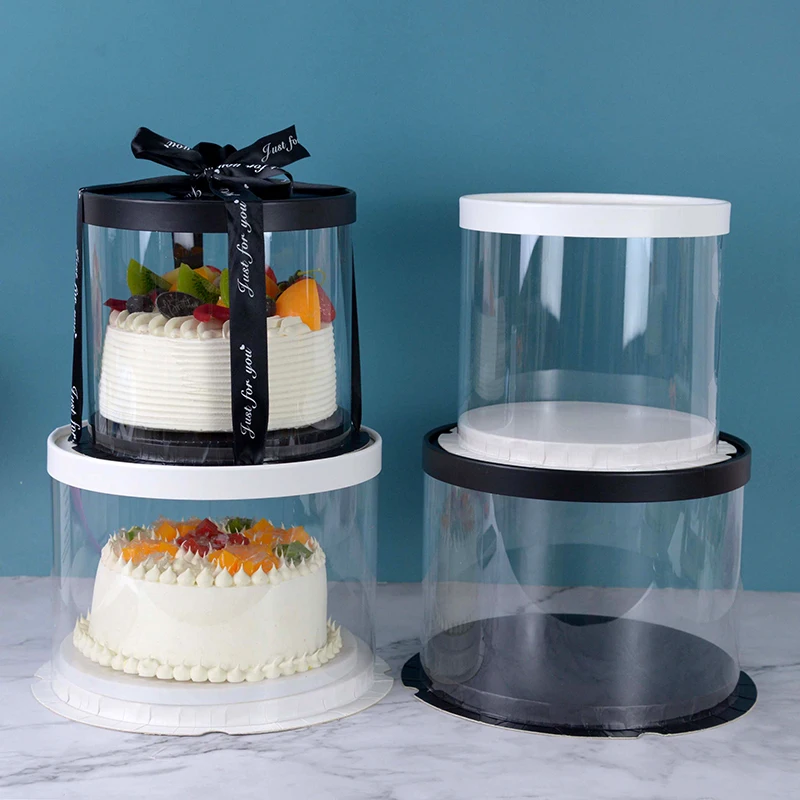 

4/6inch Round Cake Box PVC Transparent Gifts Boxes White Rose Dessert Bear Packaging Case for Wedding Birthday Party Decoration