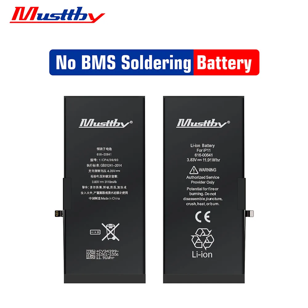 Musttby No BMS Soldering Battery For iPhone 14 13 12 11 Pro Max Phone Batteria No Need Programmer No Pop-up Shows 100% Capacity