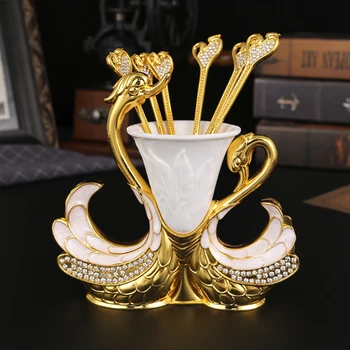 Swan Fruit Fork & Spoon Set with Holder – Dessert & Coffee 1