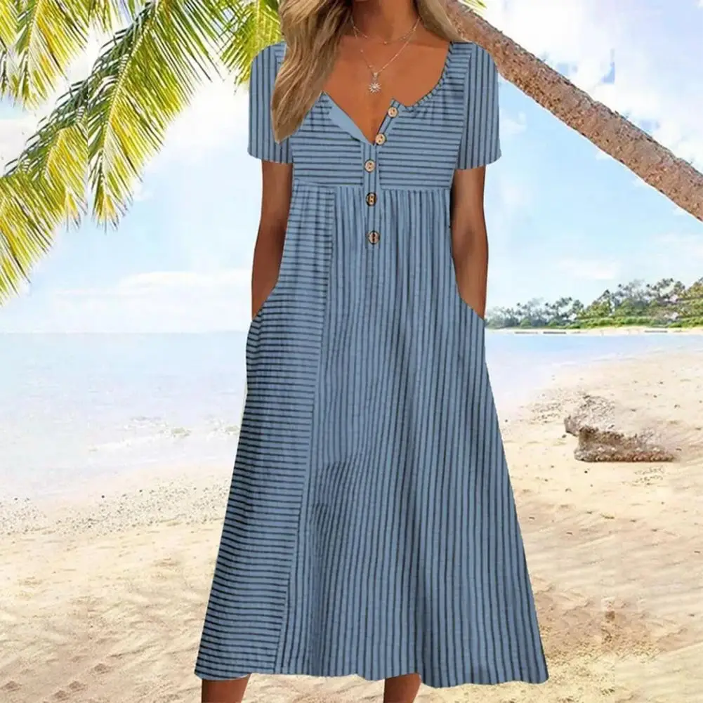 

Printed Long Dress Pocket Button Dress Floral Print Midi Dress with Side Pockets for Women A-line Pleated Hem Half for Commute